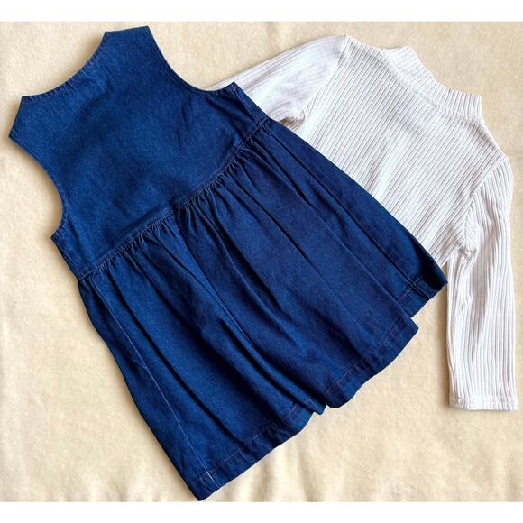 Vintage 90s Piano Kids Fashion Jumper Dress & Shirt Set Girls 6 Denim Floral - Picture 3 of 6